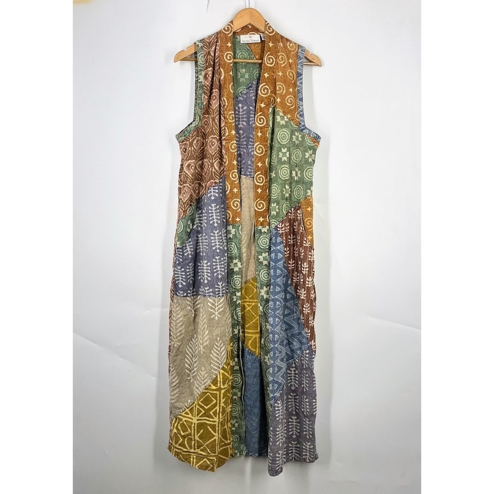 Sacred Threads Womens M Patchwork Batik Cotton Duster Vest Sleeveless Cardigan